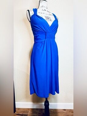 Star Vixen Cinched Waist Wide Waistband Cobalt Blue V-Neck Midi Dress